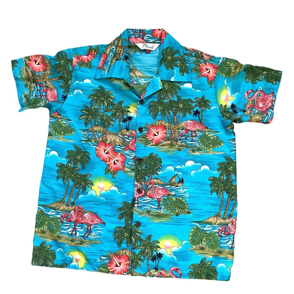 Alvish Hawaiian Button-Up Shirt Boys Size Large Multicolor Scenic Flamingo Beach